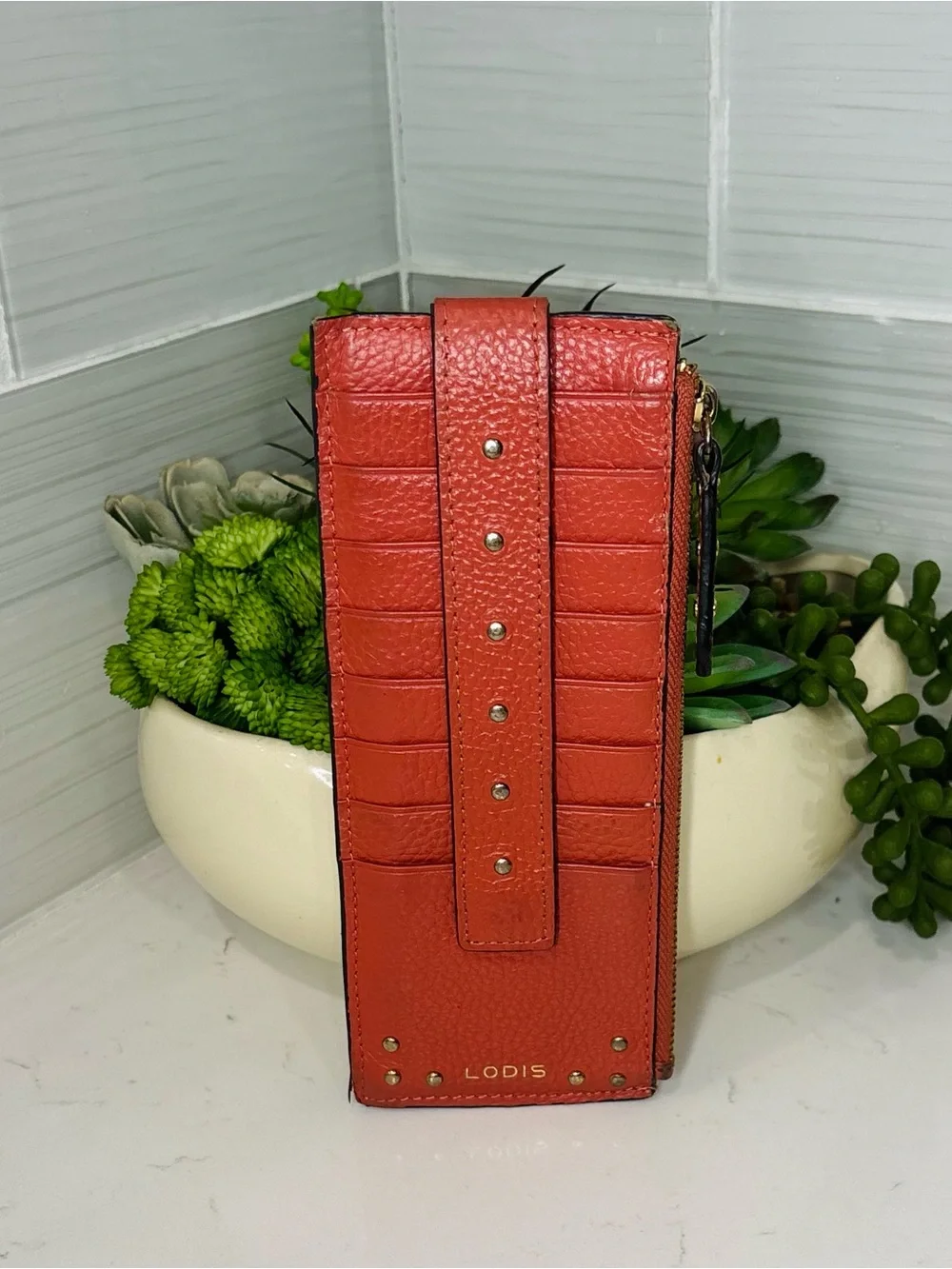 Lodis Red Leather Zip Wallet Slim Card Holder Organizer Gold Logo
